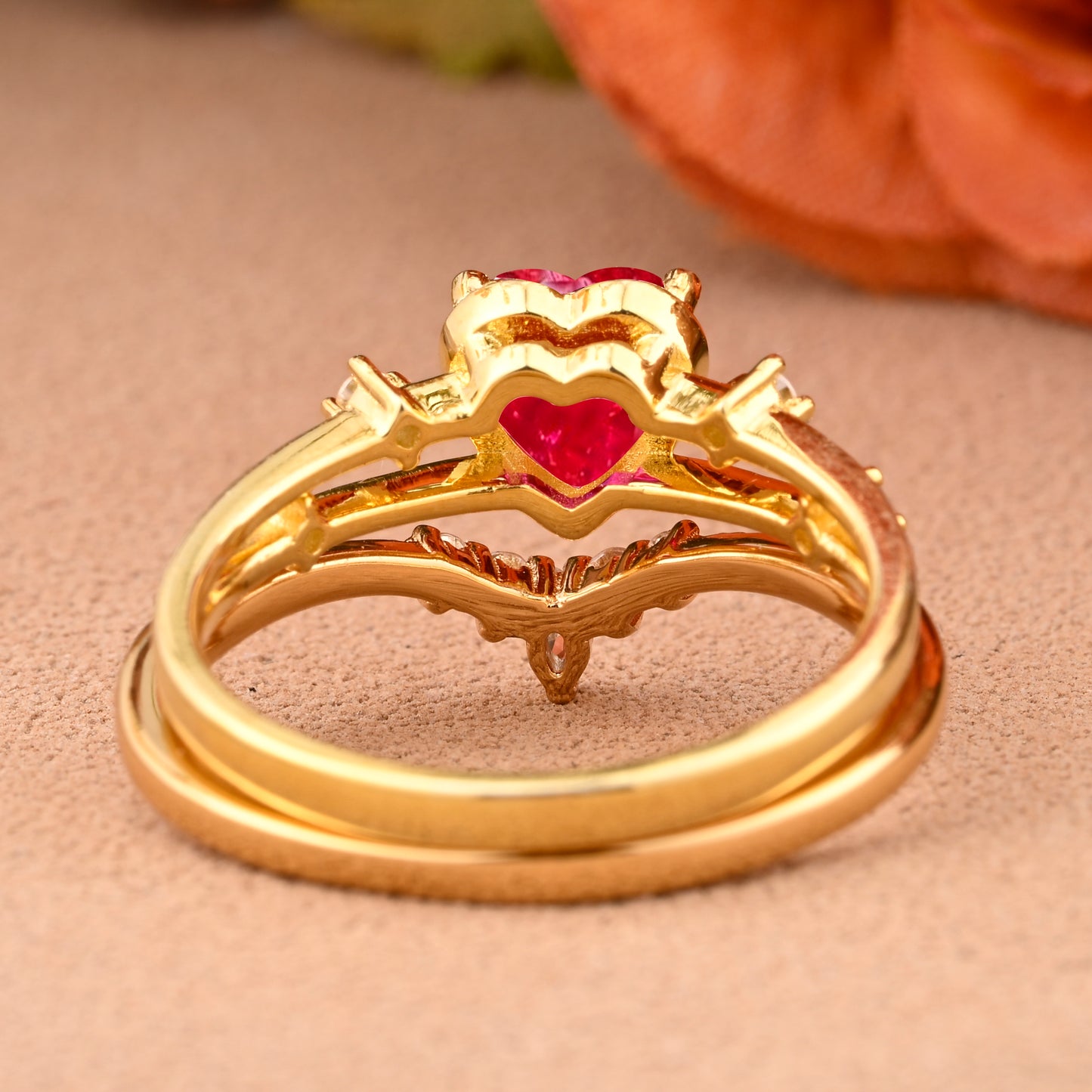 Vintage Heart Cut Ruby Enhancer Ring Set Unique Ruby Gemstone Promise Bridal Ring Set