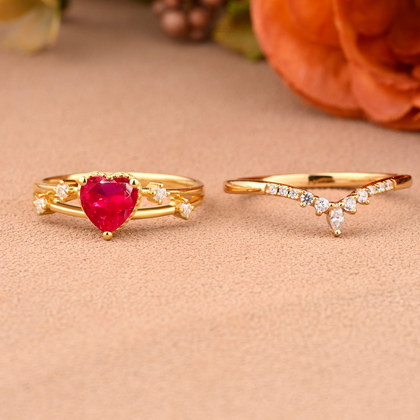 Vintage Heart Cut Ruby Enhancer Ring Set Unique Ruby Gemstone Promise Bridal Ring Set