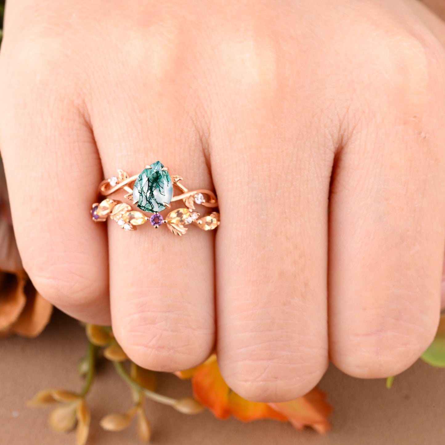 Bague de fiançailles vintage en forme de poire avec aigue-marine, ensemble de bagues de mariage uniques, cadeau d'anniversaire