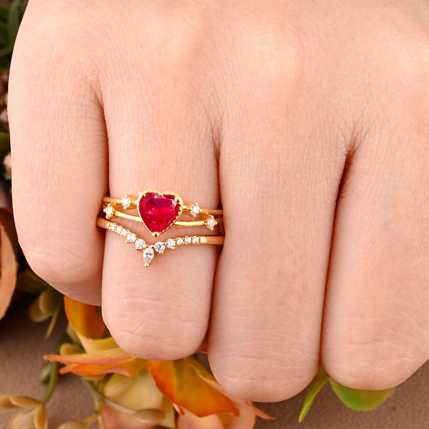 Vintage Heart Cut Ruby Enhancer Ring Set Unique Ruby Gemstone Promise Bridal Ring Set
