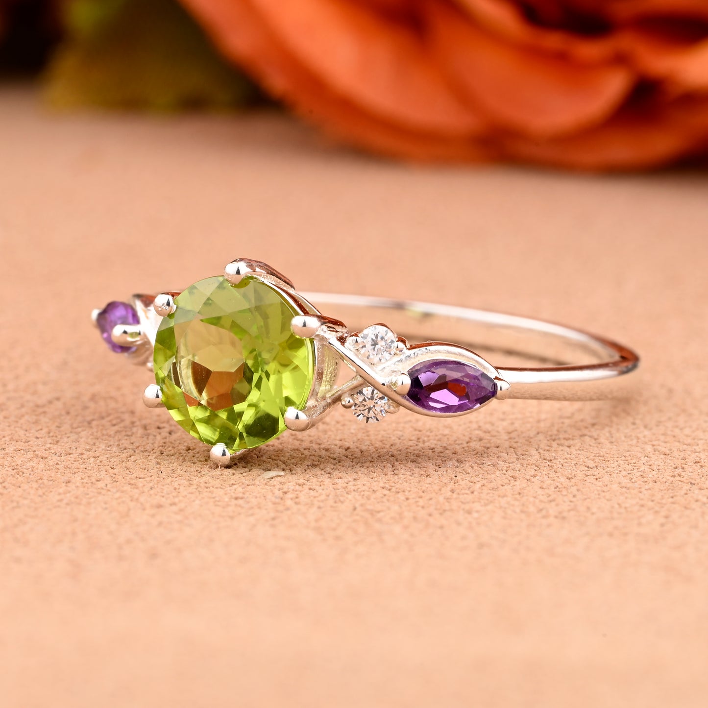 Unique Round Cut Peridot Engagement Ring Vintage Rose Gold Moissanite Wedding Ring For Women Amethyst Bridal Ring Anniversary Gift For Her