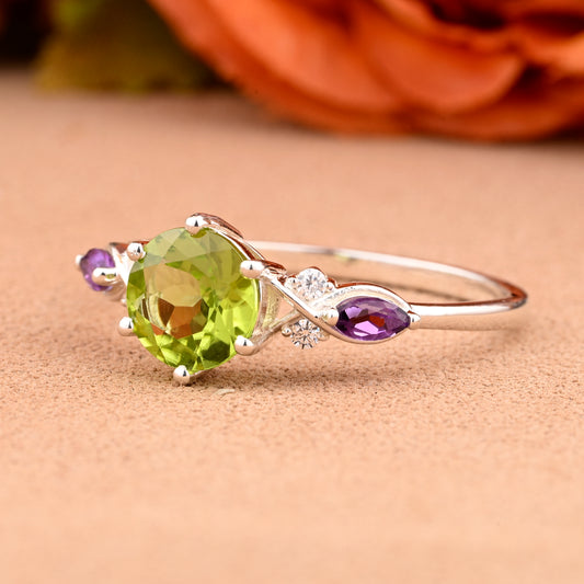 Unique Round Cut Peridot Engagement Ring Vintage Rose Gold Moissanite Wedding Ring For Women Amethyst Bridal Ring Anniversary Gift For Her