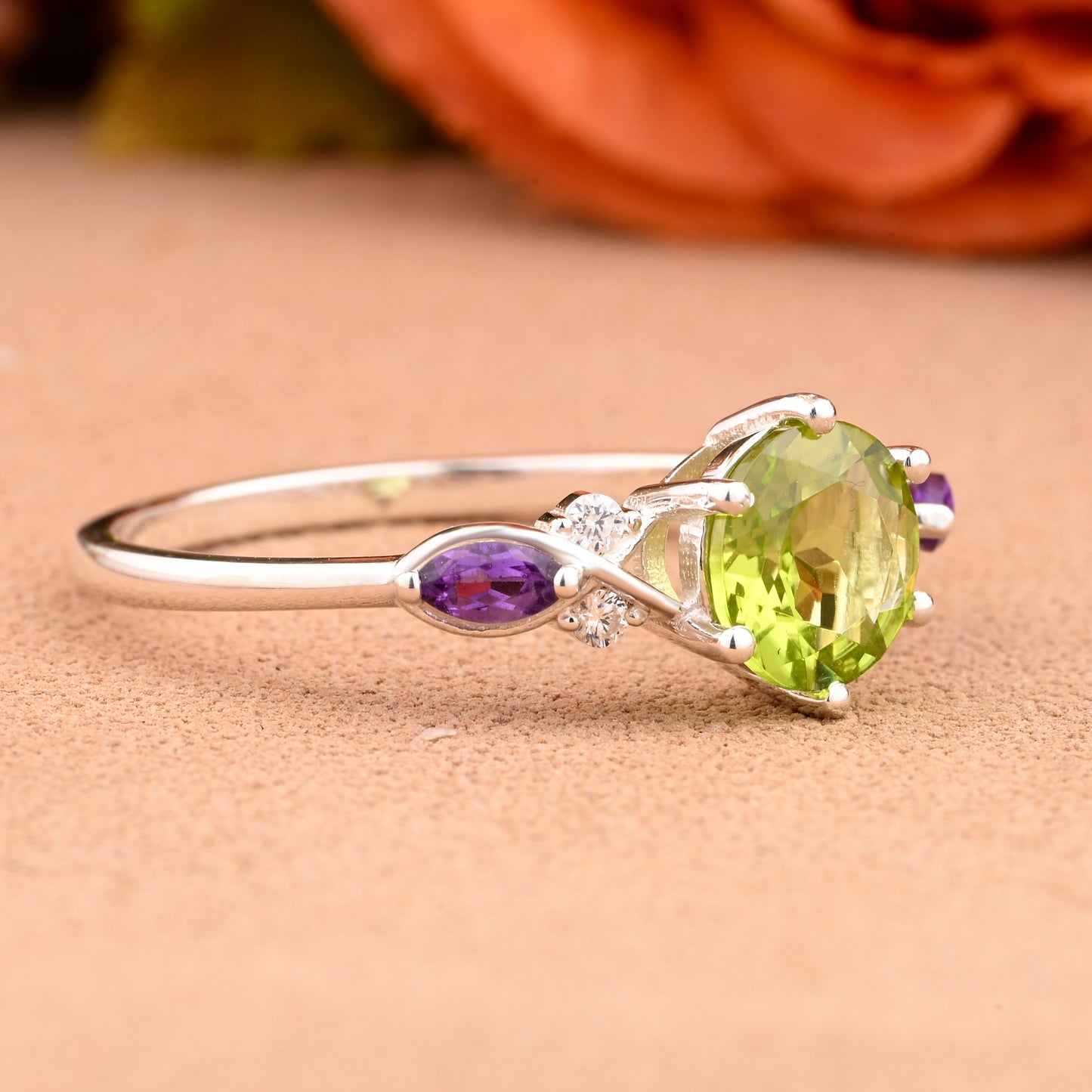Unique Round Cut Peridot Engagement Ring Vintage Rose Gold Moissanite Wedding Ring For Women Amethyst Bridal Ring Anniversary Gift For Her