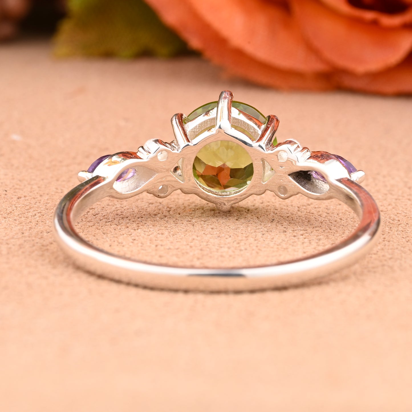 Unique Round Cut Peridot Engagement Ring Vintage Rose Gold Moissanite Wedding Ring For Women Amethyst Bridal Ring Anniversary Gift For Her