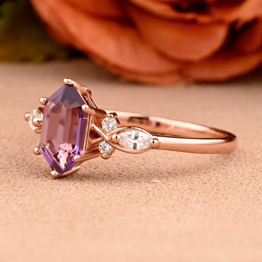 Vintage Amethyst Engagement Ring Hexagon Shape Anniversary Ring Solid Gold Solitaire Unique Moissanite Ring for Women