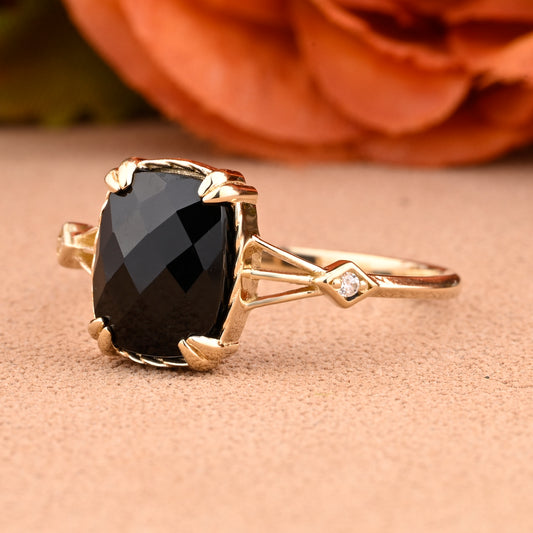 Vintage Black Onyx Ring Emerald Shape Black Agate Engagement Ring Black Stone Ring 14k Yellow Gold Ring Promise Bridal Ring Anniversary Gift