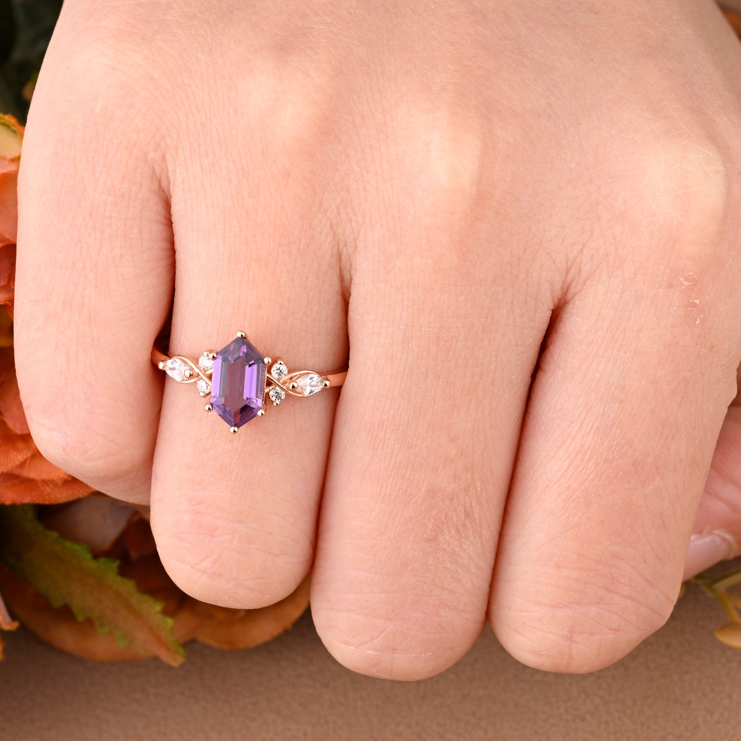 Vintage Amethyst Engagement Ring Hexagon Shape Anniversary Ring Solid Gold Solitaire Unique Moissanite Ring for Women