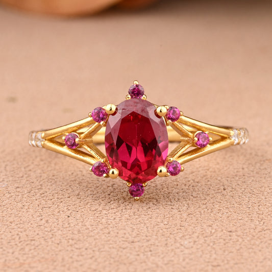 Vintage Oval Shape Ruby Engagement Ring Set Unique Ruby Gemstone Promise Bridal Ring Set Anniversary Gift
