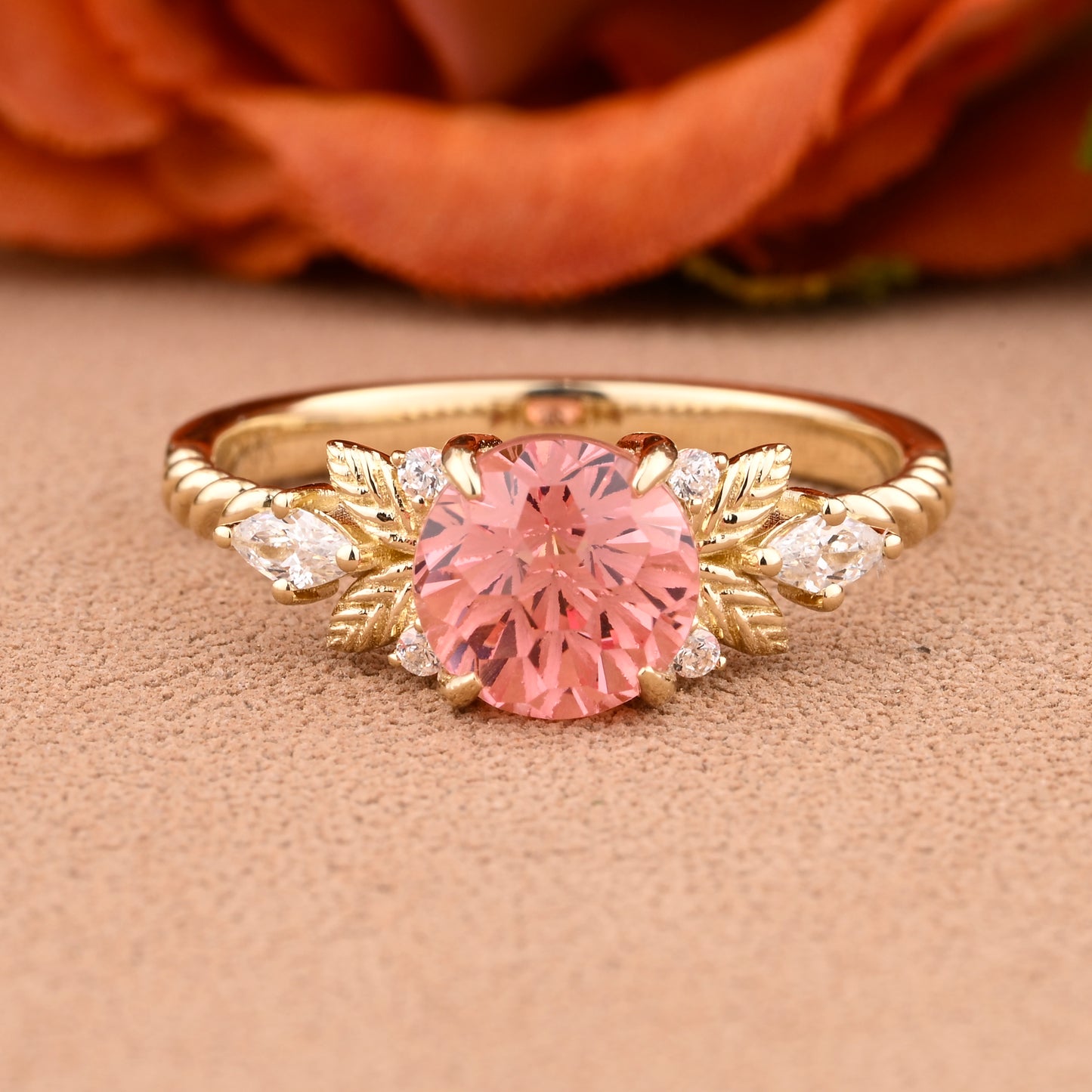 Unique Round Cut Pink Sapphire Engagement Ring Vintage Rose Gold Moissanite Wedding Ring For Women Moissanite Bridal Ring Anniversary Gift For Her
