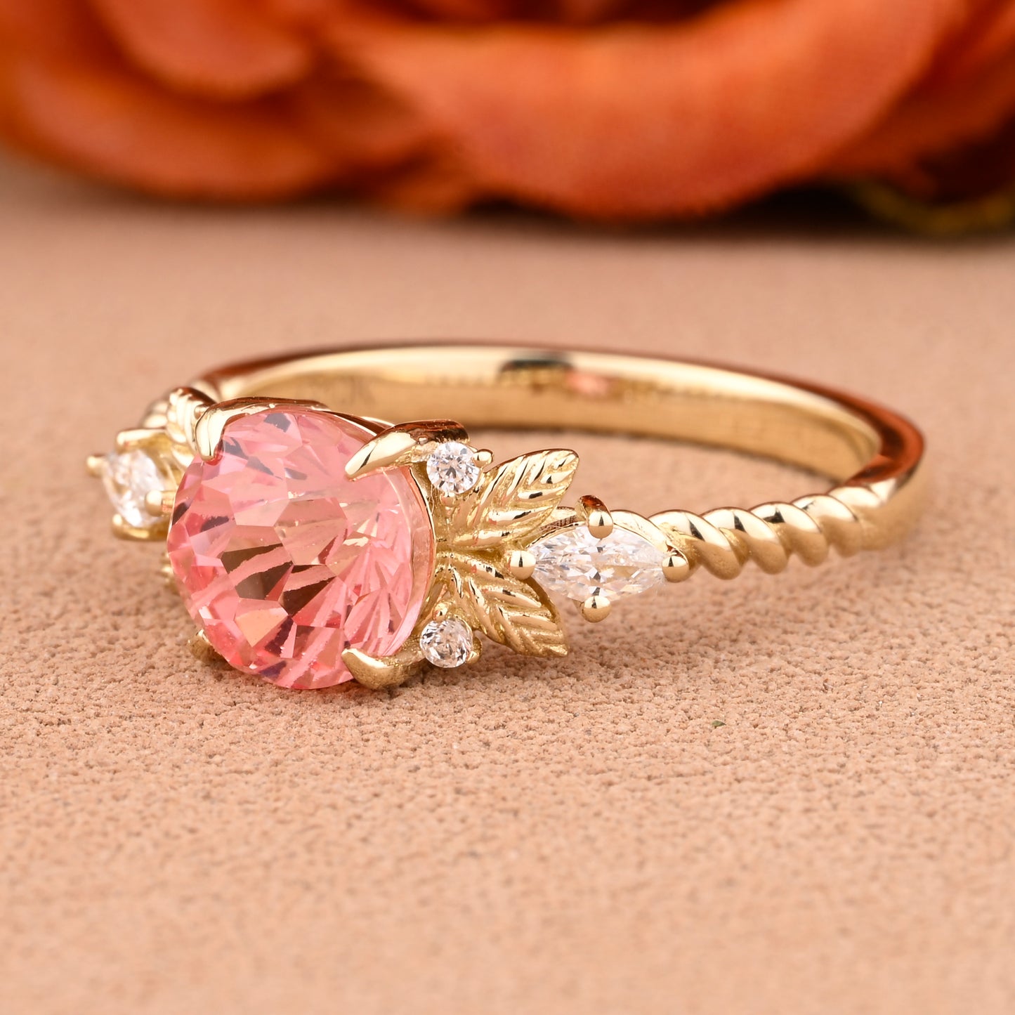 Unique Round Cut Pink Sapphire Engagement Ring Vintage Rose Gold Moissanite Wedding Ring For Women Moissanite Bridal Ring Anniversary Gift For Her
