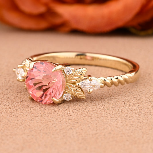 Unique Round Cut Pink Sapphire Engagement Ring Vintage Rose Gold Moissanite Wedding Ring For Women Moissanite Bridal Ring Anniversary Gift For Her