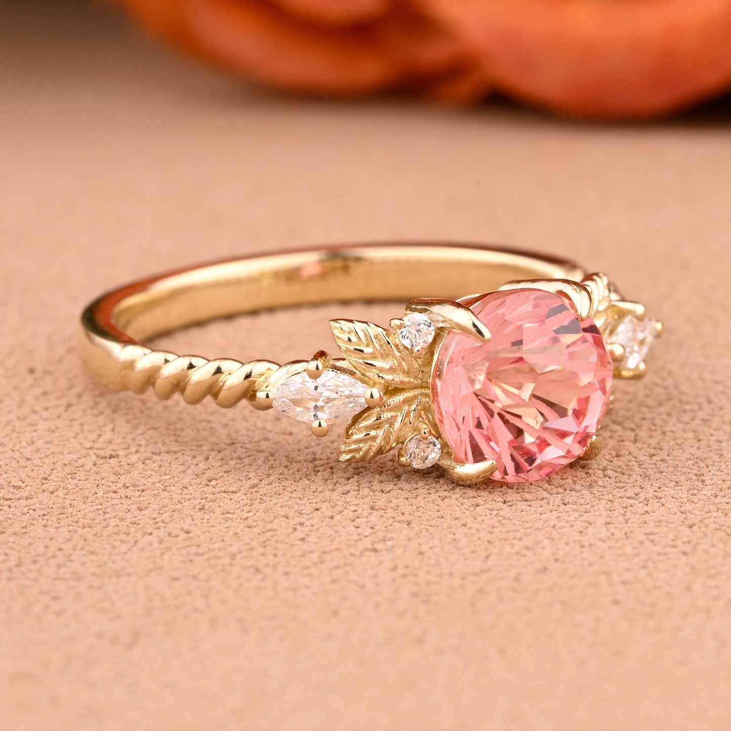 Unique Round Cut Pink Sapphire Engagement Ring Vintage Rose Gold Moissanite Wedding Ring For Women Moissanite Bridal Ring Anniversary Gift For Her