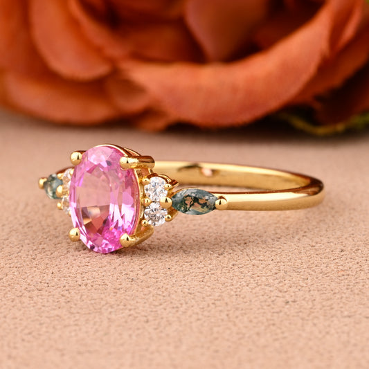 Unique Vintage Pink Sapphire Engagement Ring 14K Rose Gold Oval Cut Natural Moss Agate Wedding Promise Ring Handmade Ring Anniversary Rings For Women