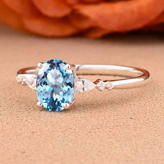 Vintage Oval Cut Aquamarine Ring Unique Aquamarine Engagement Ring Ocean-like Gemstone Wedding Statement Ring Gift For Her