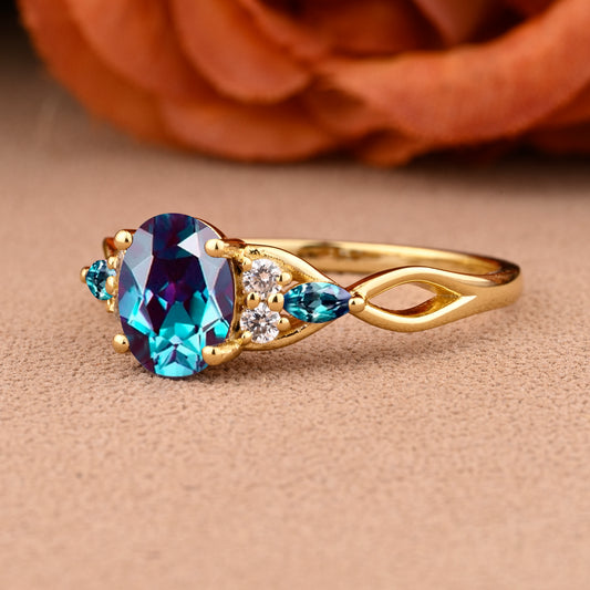 Oval Cut Alexandrite Engagement Ring Unique Alexandrite Moissanite Wedding Ring Gift For Her Ver.2
