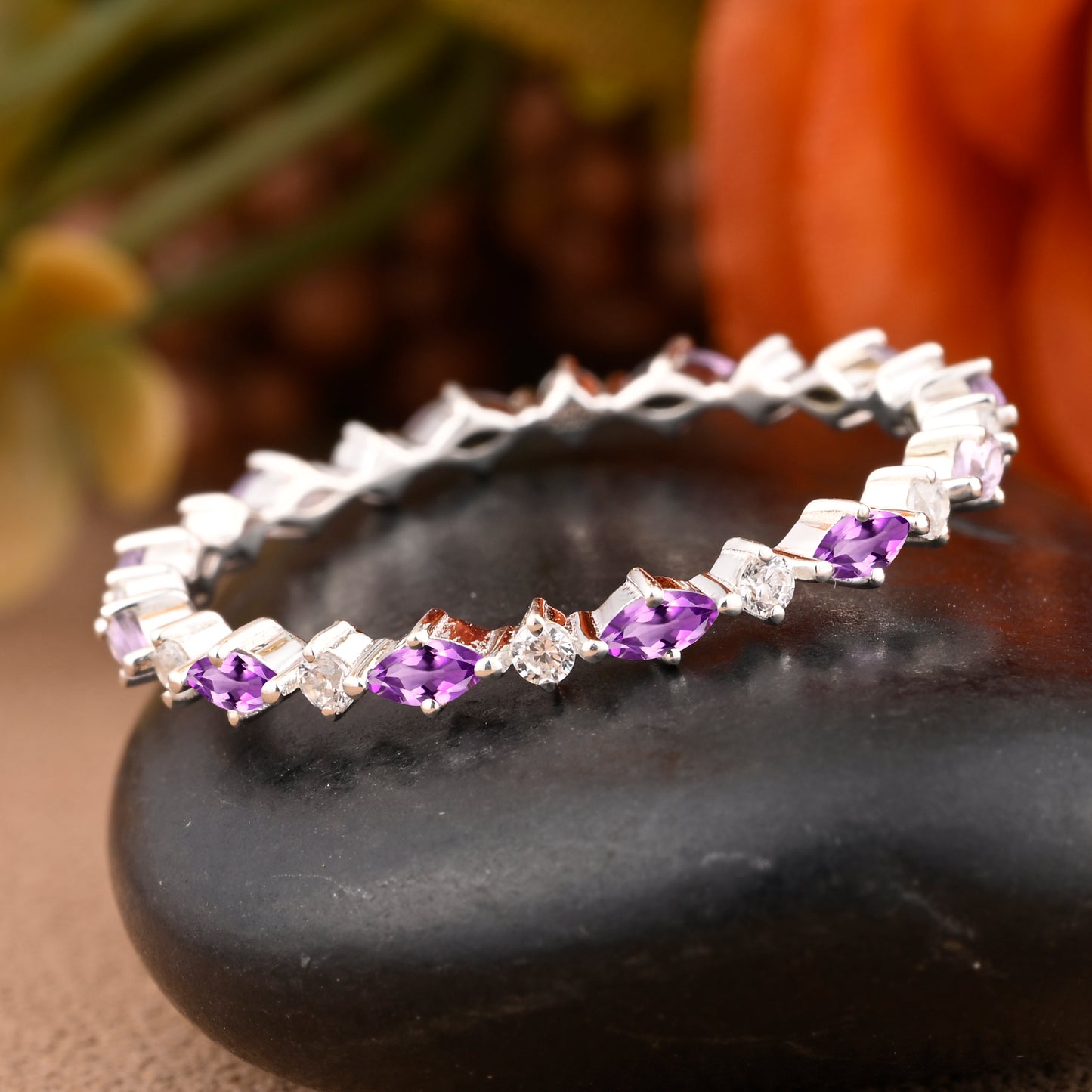 Unique Marquise Amethyst wedding band Rose gold moissanite wedding band women full eternity matching stacking ring Anniversary gift for her