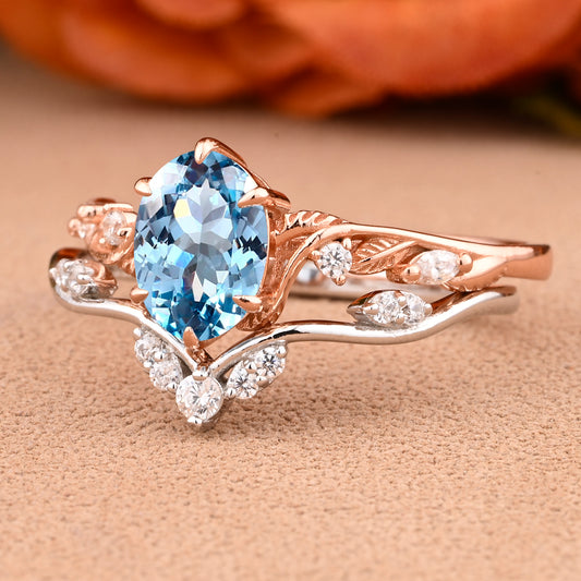 Vintage Oval Cut Aquamarine Engagement Aquamarine Ring Set Art Deco Bridal Ring Set Stackable Ring