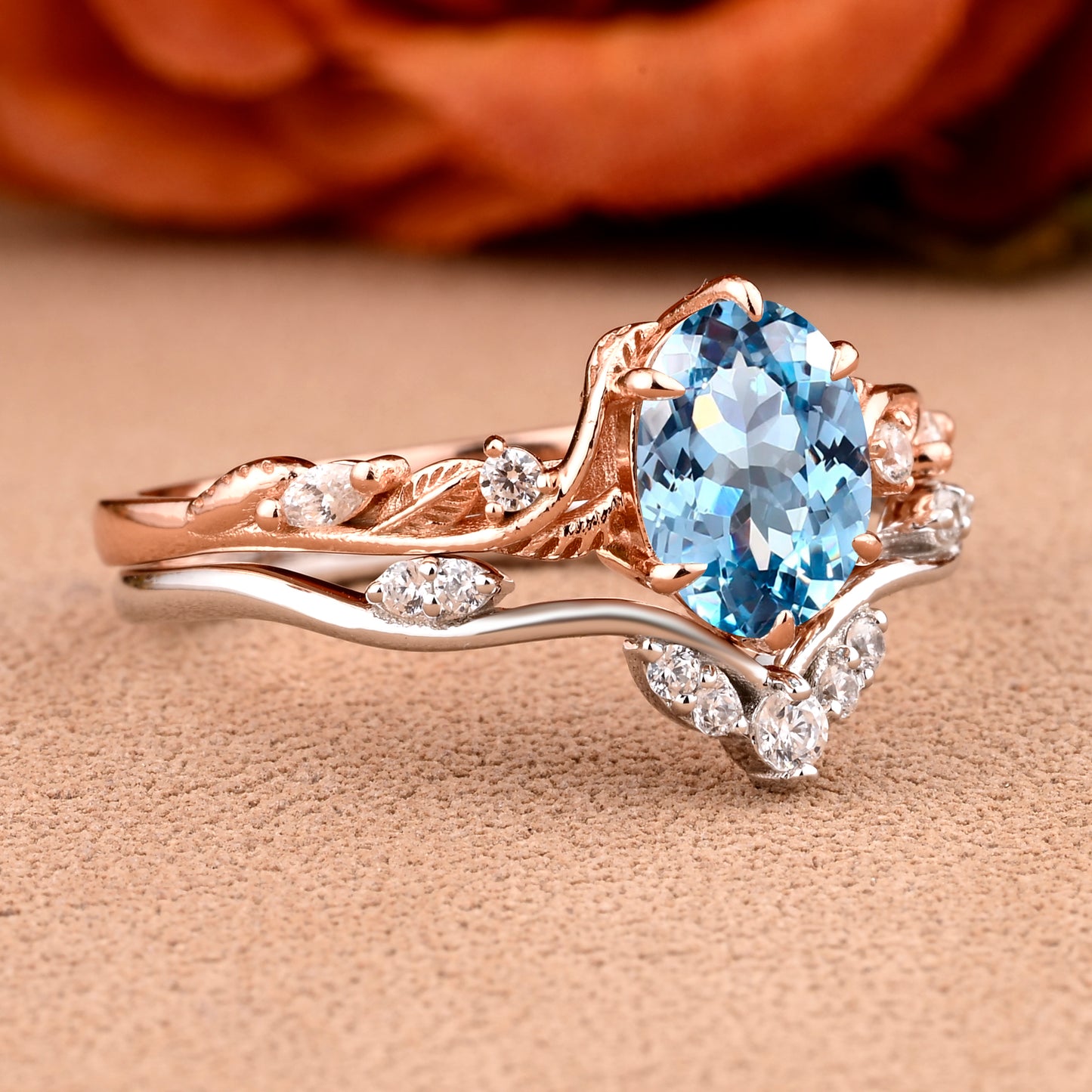 Bague de fiançailles vintage en forme de poire avec aigue-marine, ensemble de bagues de mariage uniques, cadeau d'anniversaire