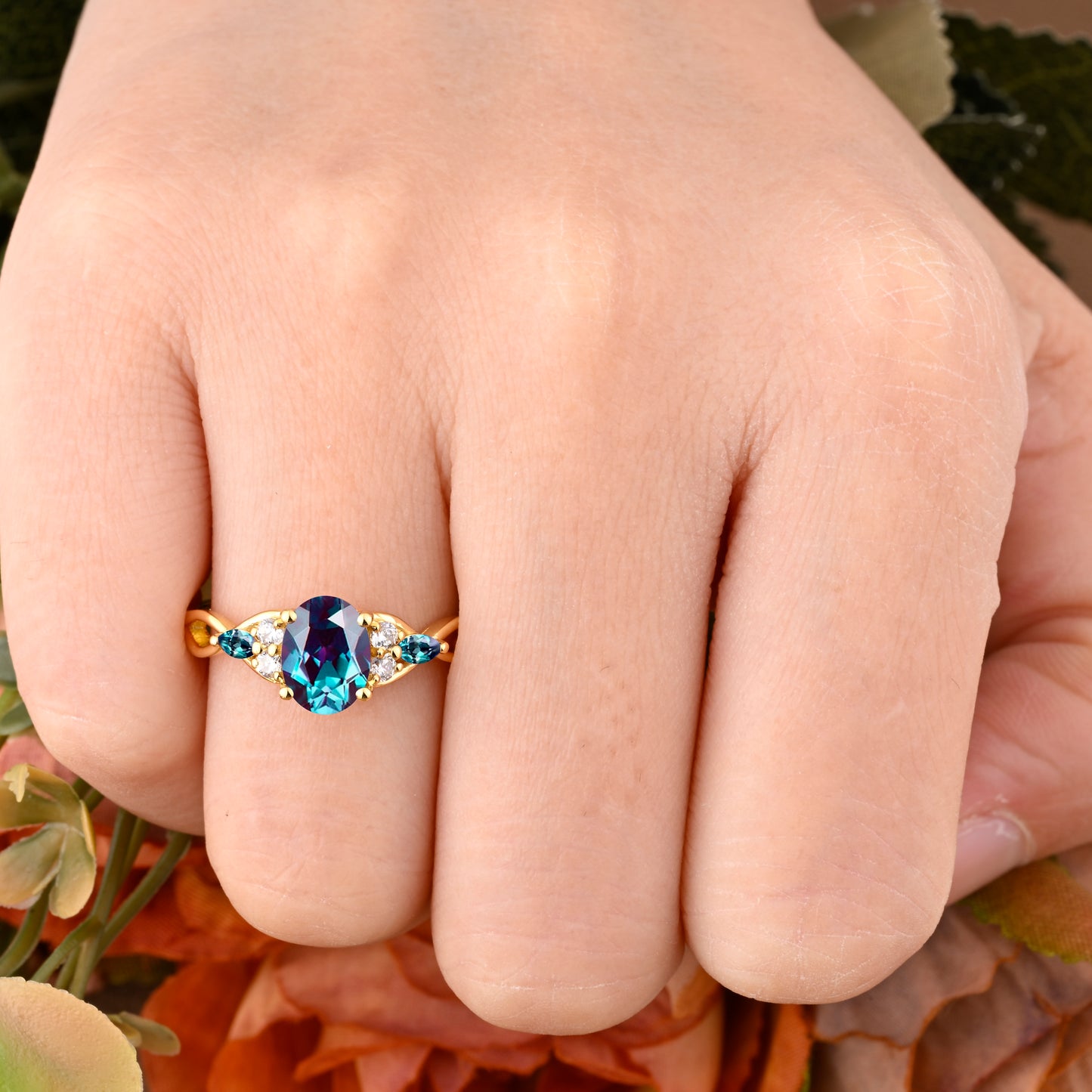Bague de fiançailles en pierre de soleil ovale, bague de mariage unique en moissanite, cadeau pour elle