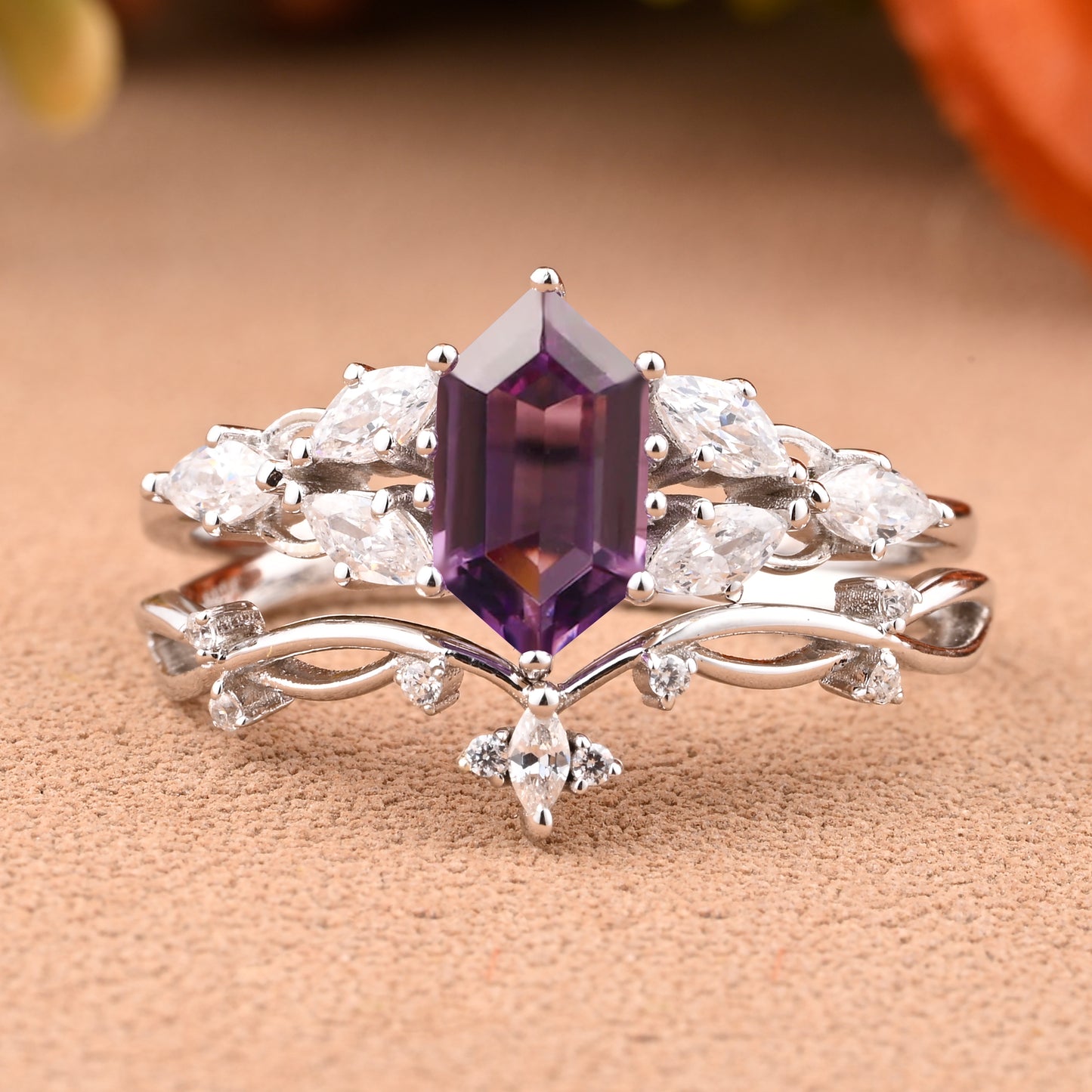 Hexagon Cut Amethyst Engagement Ring Set Vintage Unique 14k Rose Gold Purple Amethyst Ring For Women Unique Bridal Wedding Ring Set Anniversary Gift