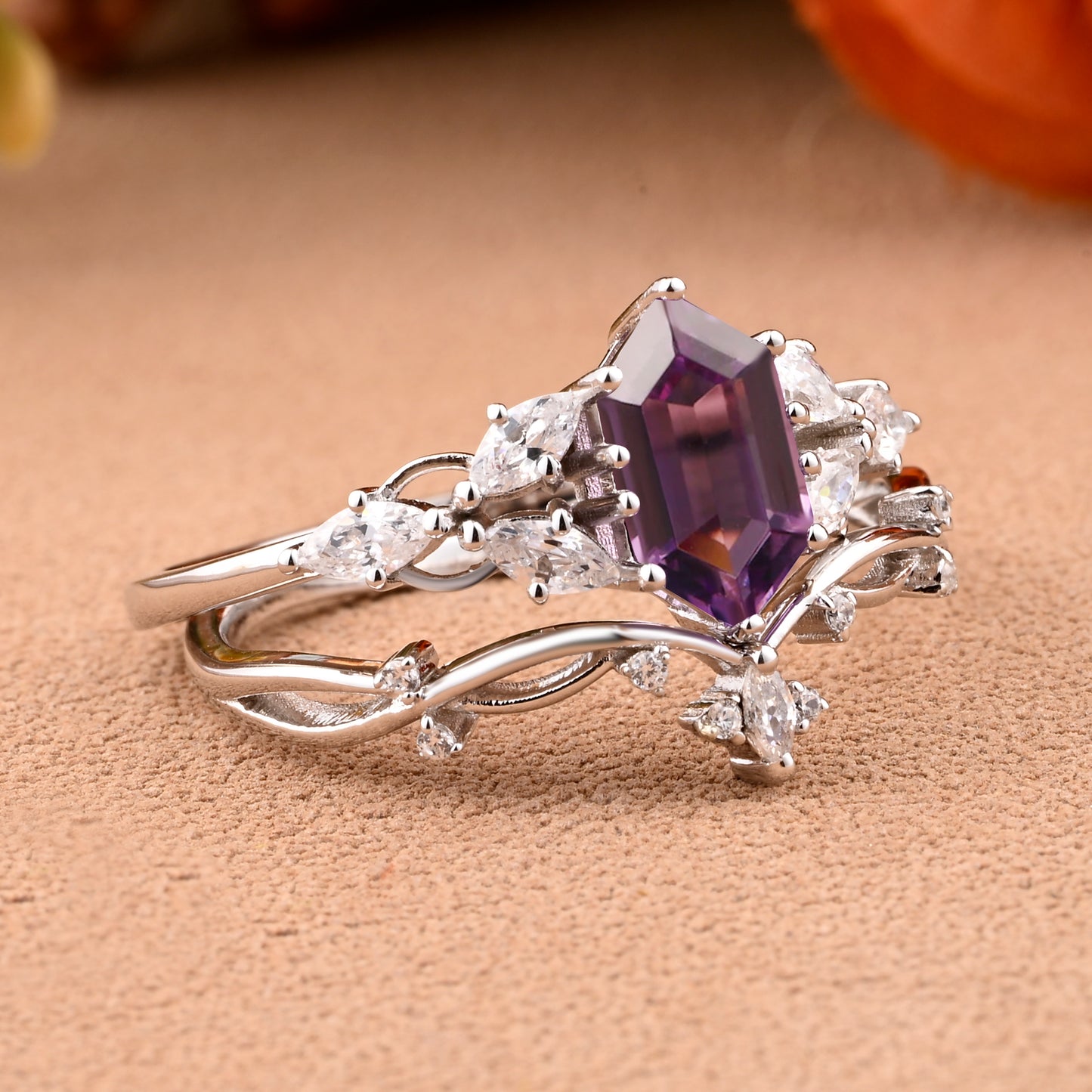Hexagon Cut Amethyst Engagement Ring Set Vintage Unique 14k Rose Gold Purple Amethyst Ring For Women Unique Bridal Wedding Ring Set Anniversary Gift