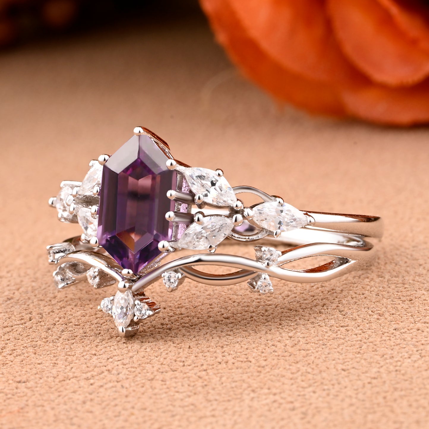 Hexagon Cut Amethyst Engagement Ring Set Vintage Unique 14k Rose Gold Purple Amethyst Ring For Women Unique Bridal Wedding Ring Set Anniversary Gift
