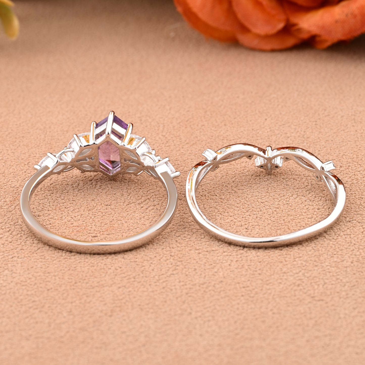 Hexagon Cut Amethyst Engagement Ring Set Vintage Unique 14k Rose Gold Purple Amethyst Ring For Women Unique Bridal Wedding Ring Set Anniversary Gift