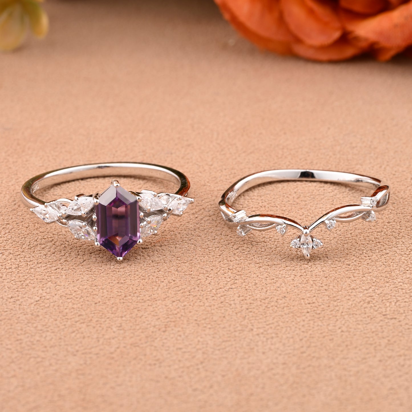 Hexagon Cut Amethyst Engagement Ring Set Vintage Unique 14k Rose Gold Purple Amethyst Ring For Women Unique Bridal Wedding Ring Set Anniversary Gift