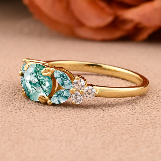 Moss Agate engagement ring bridal ring Anniversary cluster round cut Leaf Rings Promise Ring art deco promise rings Handmade jewelry gifts