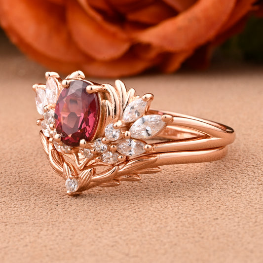 Unique Red Garnet Engagement Ring 14k Oval Garnet Leaves Ring Angel Wing Ring Branch Ring Twig Wedding Band Solid Gold Red Gemstone Ring