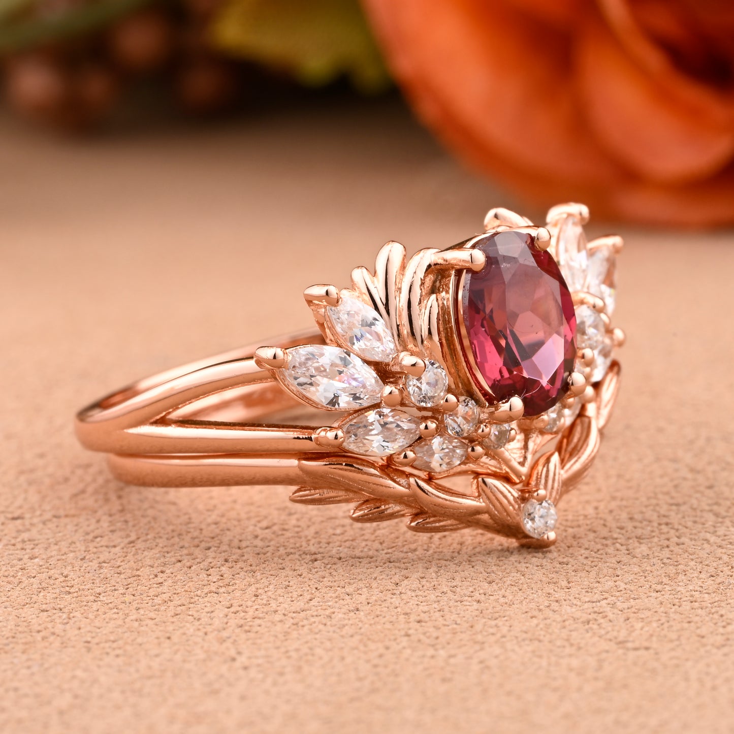 Unique Red Garnet Engagement Ring 14k Oval Garnet Leaves Ring Angel Wing Ring Branch Ring Twig Wedding Band Solid Gold Red Gemstone Ring