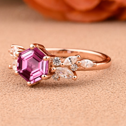 Vintage Hexagon Cut Pink Sapphire Engagement Ring Nature Inspired Cluster Promise Ring Rose Gold Art Deco Leaf Women Gemstone Branch Ring