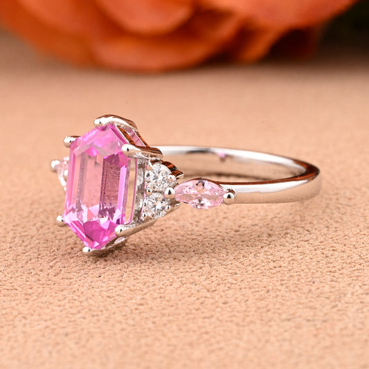 Vintage Hexagon Cut Pink Sapphire Engagement Ring Unique Moissanite Wedding Ring Art Deco Rose Gold Ring Dainty Bridal Ring Anniversary Ring