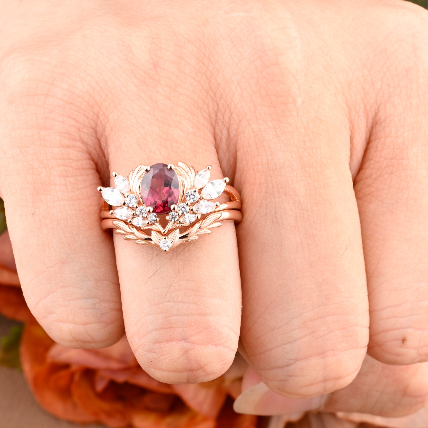Unique Red Garnet Engagement Ring 14k Oval Garnet Leaves Ring Angel Wing Ring Branch Ring Twig Wedding Band Solid Gold Red Gemstone Ring