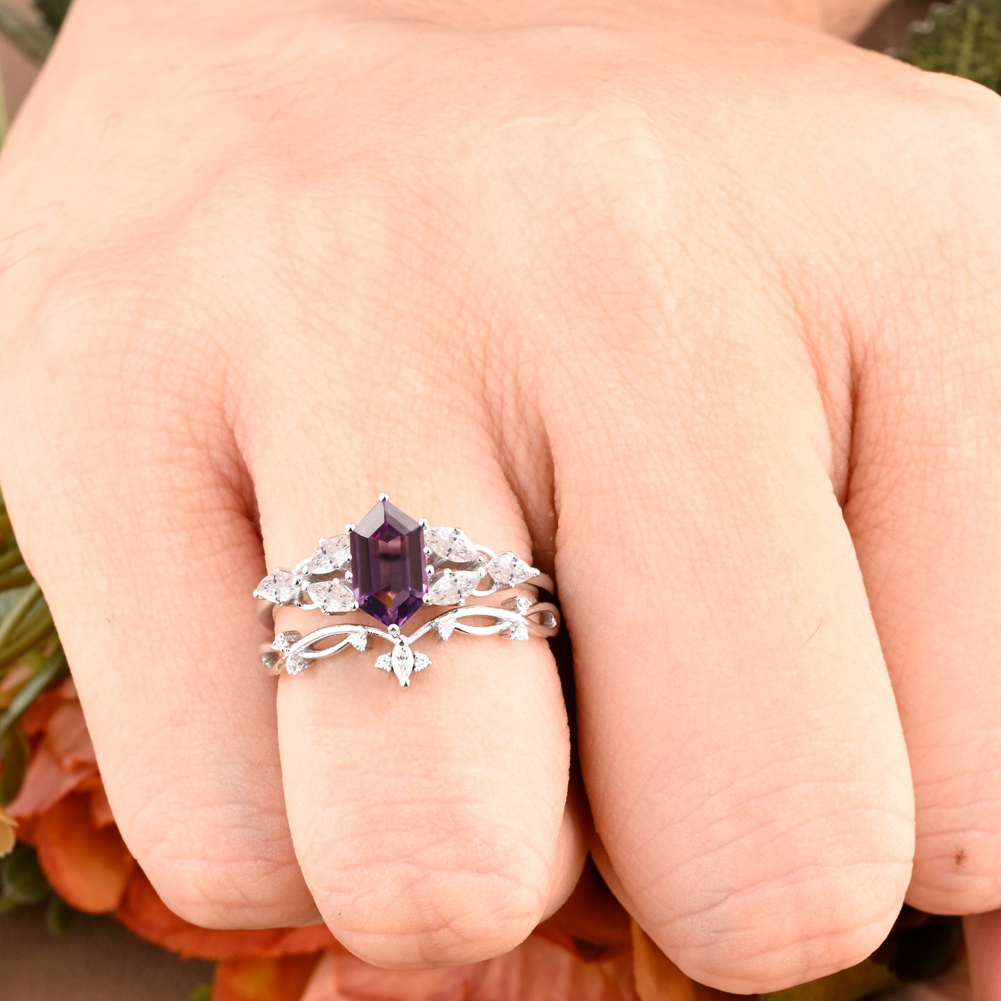Hexagon Cut Amethyst Engagement Ring Set Vintage Unique 14k Rose Gold Purple Amethyst Ring For Women Unique Bridal Wedding Ring Set Anniversary Gift