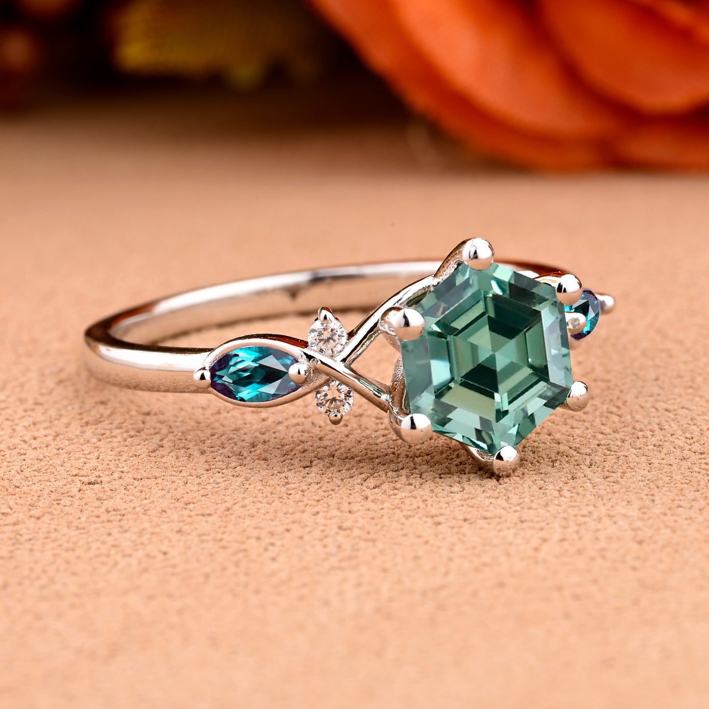 Vintage Hexagon Cut Tsavorite Engagement Ring Nature Inspired Emerald Cluster Promise Ring Rose Gold Art Deco Leaf Women Gemstone Branch Ring