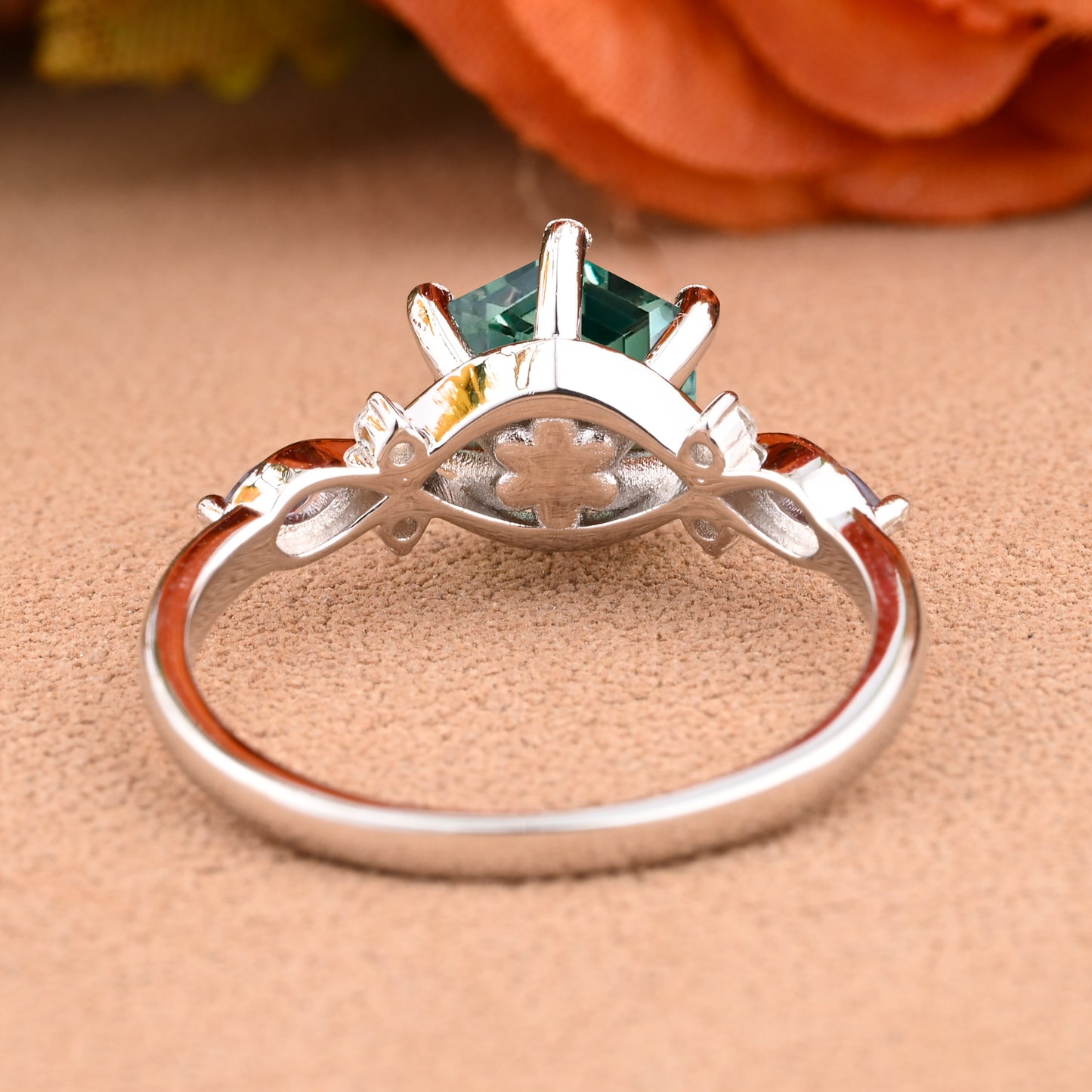Vintage Hexagon Cut Tsavorite Engagement Ring Nature Inspired Emerald Cluster Promise Ring Rose Gold Art Deco Leaf Women Gemstone Branch Ring