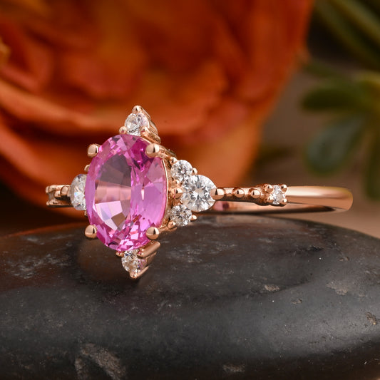 Unique Vintage Oval Cut Pink Sapphire Ring Solid 10,14,18k Rose Gold Ring Handmade Moissanite Decorated Engagement Ring Promise Bridal Ring Anniversary Gift