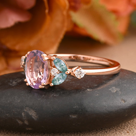 Vintage Oval Amethyst Engagement Ring Unique Moss Agate Sidestones Oval Gemstone Promise Ring