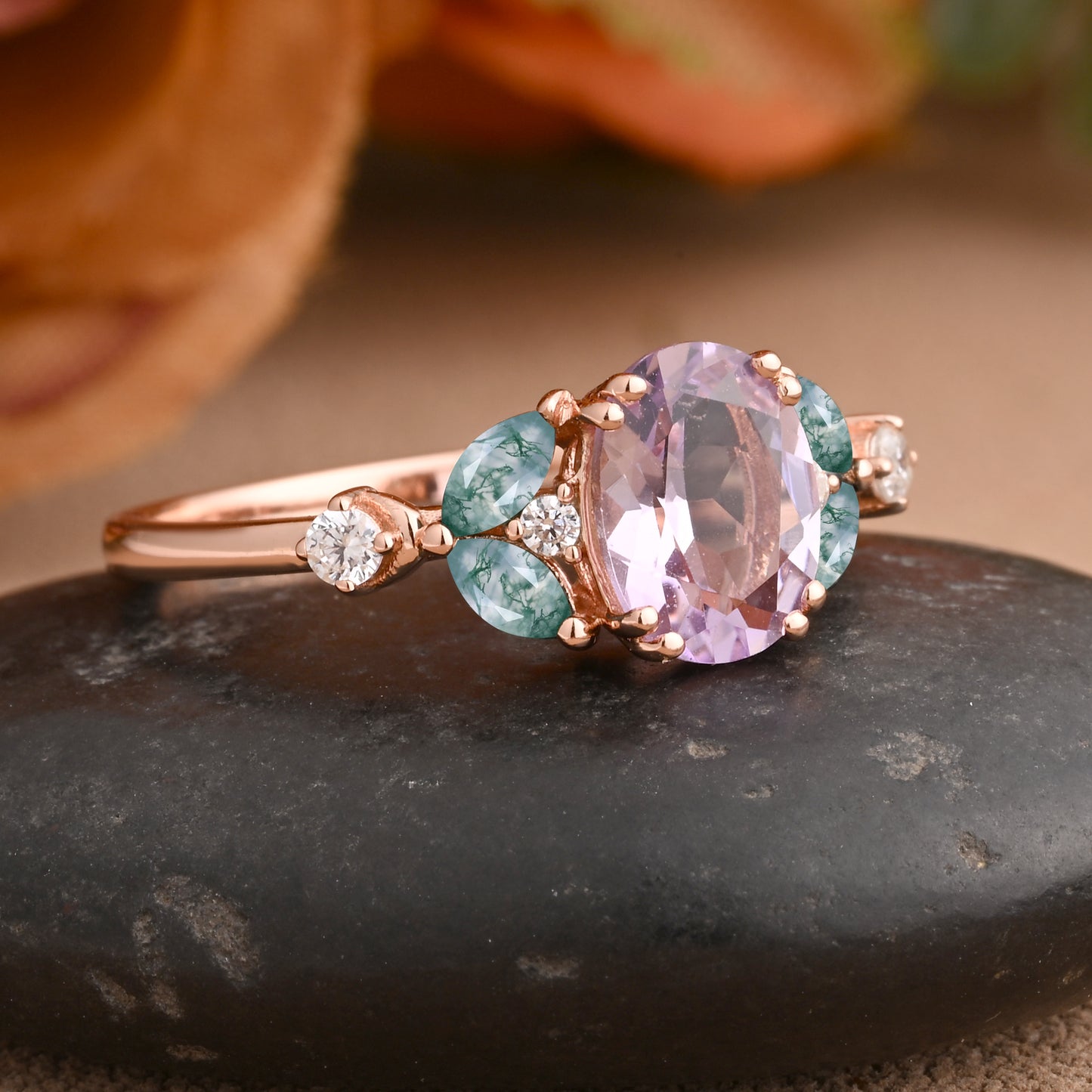 Vintage Oval Amethyst Engagement Ring Unique Moss Agate Sidestones Oval Gemstone Promise Ring