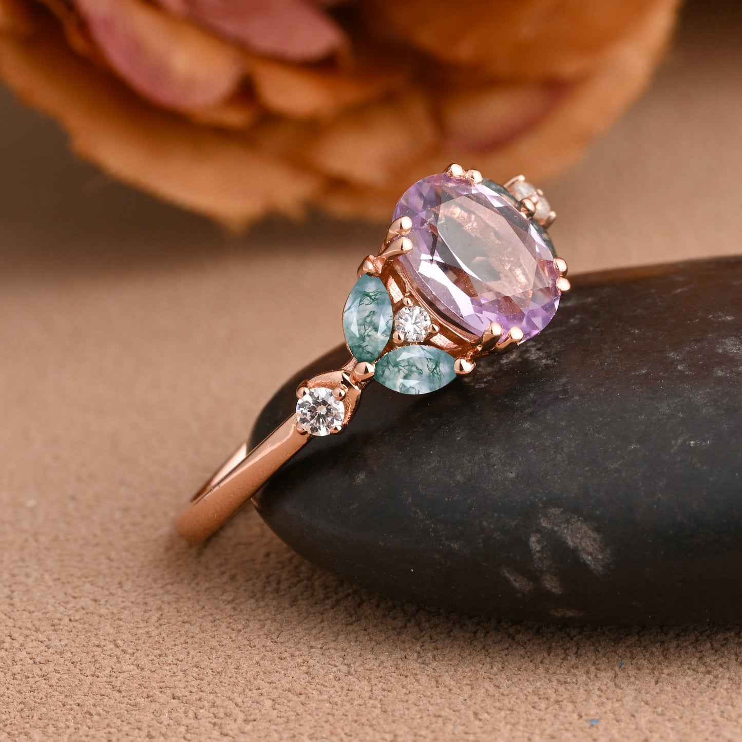 Vintage Oval Amethyst Engagement Ring Unique Moss Agate Sidestones Oval Gemstone Promise Ring