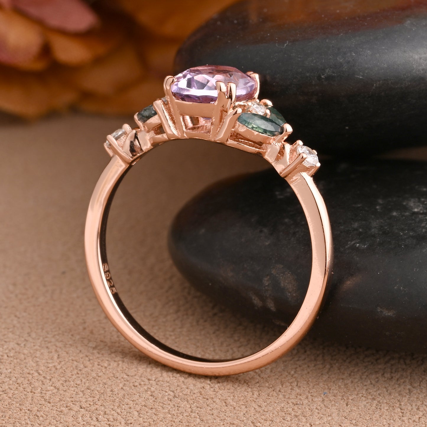 Vintage Oval Amethyst Engagement Ring Unique Moss Agate Sidestones Oval Gemstone Promise Ring