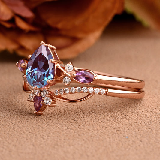 Vintage Pear Shape Alexandrite Engagement Ring Set Unique Alexandrite Gemstone Promise Bridal Ring Set Anniversary Gift
