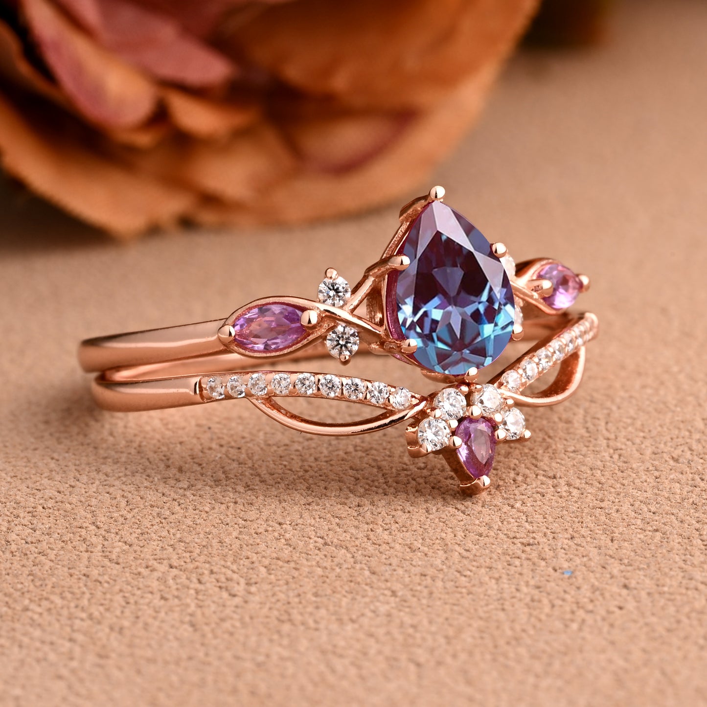 Vintage Pear Shape Alexandrite Engagement Ring Set Unique Alexandrite Gemstone Promise Bridal Ring Set Anniversary Gift