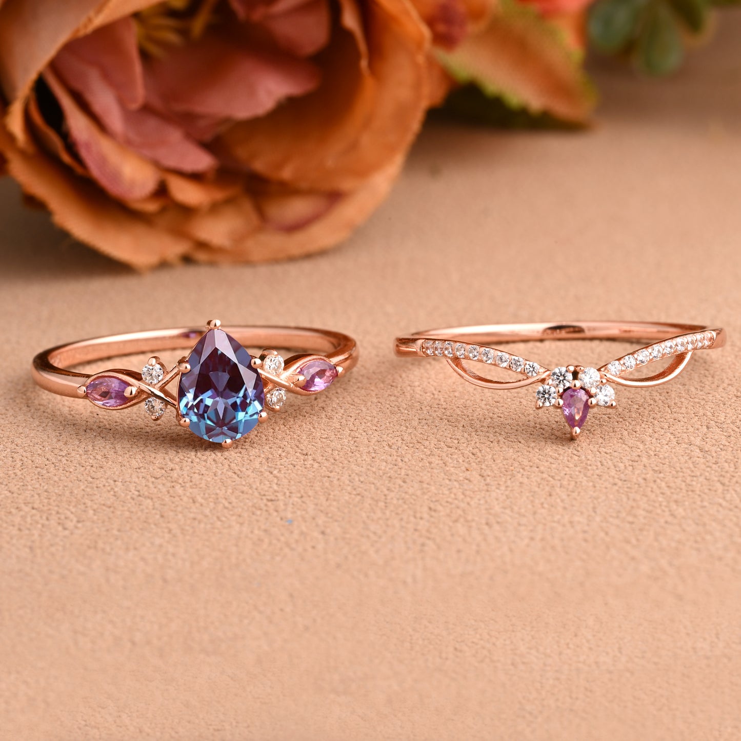 Vintage Pear Shape Alexandrite Engagement Ring Set Unique Alexandrite Gemstone Promise Bridal Ring Set Anniversary Gift