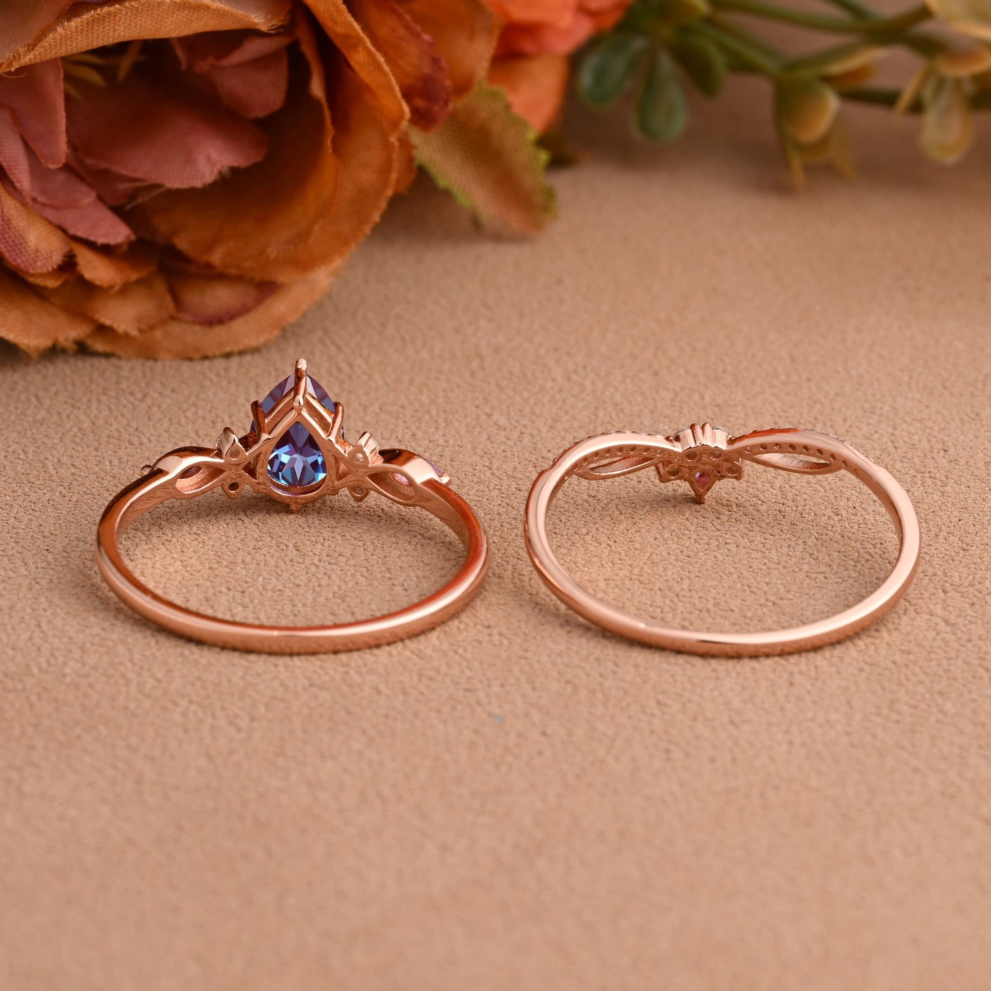 Vintage Pear Shape Alexandrite Engagement Ring Set Unique Alexandrite Gemstone Promise Bridal Ring Set Anniversary Gift