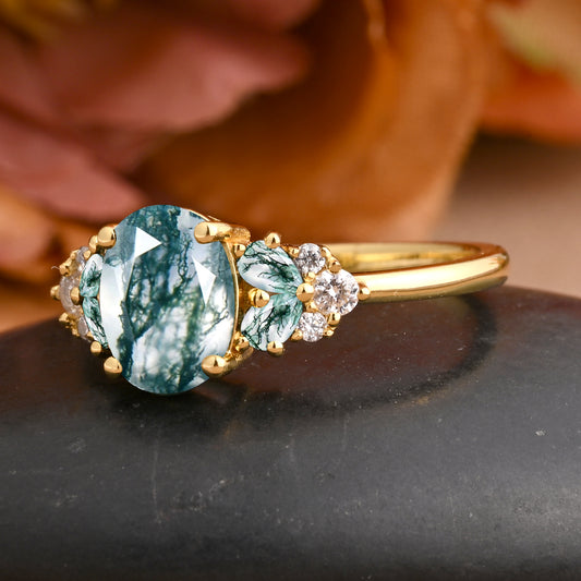 Vintage Oval Moss Agate Engagement Ring Unique Moss Agate Sidestones Oval Moissanite Deco Gemstone Promise Ring