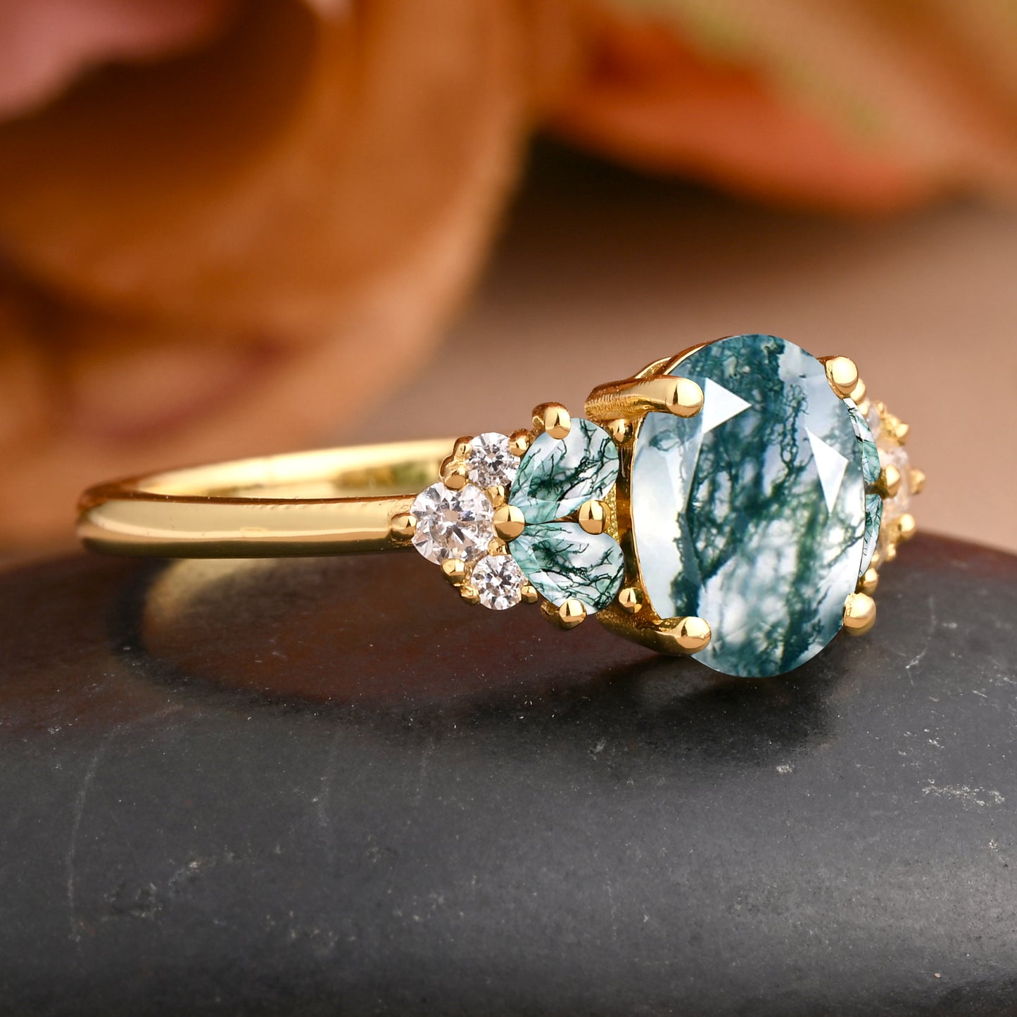 Vintage Oval Moss Agate Engagement Ring Set Unique Moss Agate Sidestones Oval Moissanite Deco Gemstone Promise Ring Set