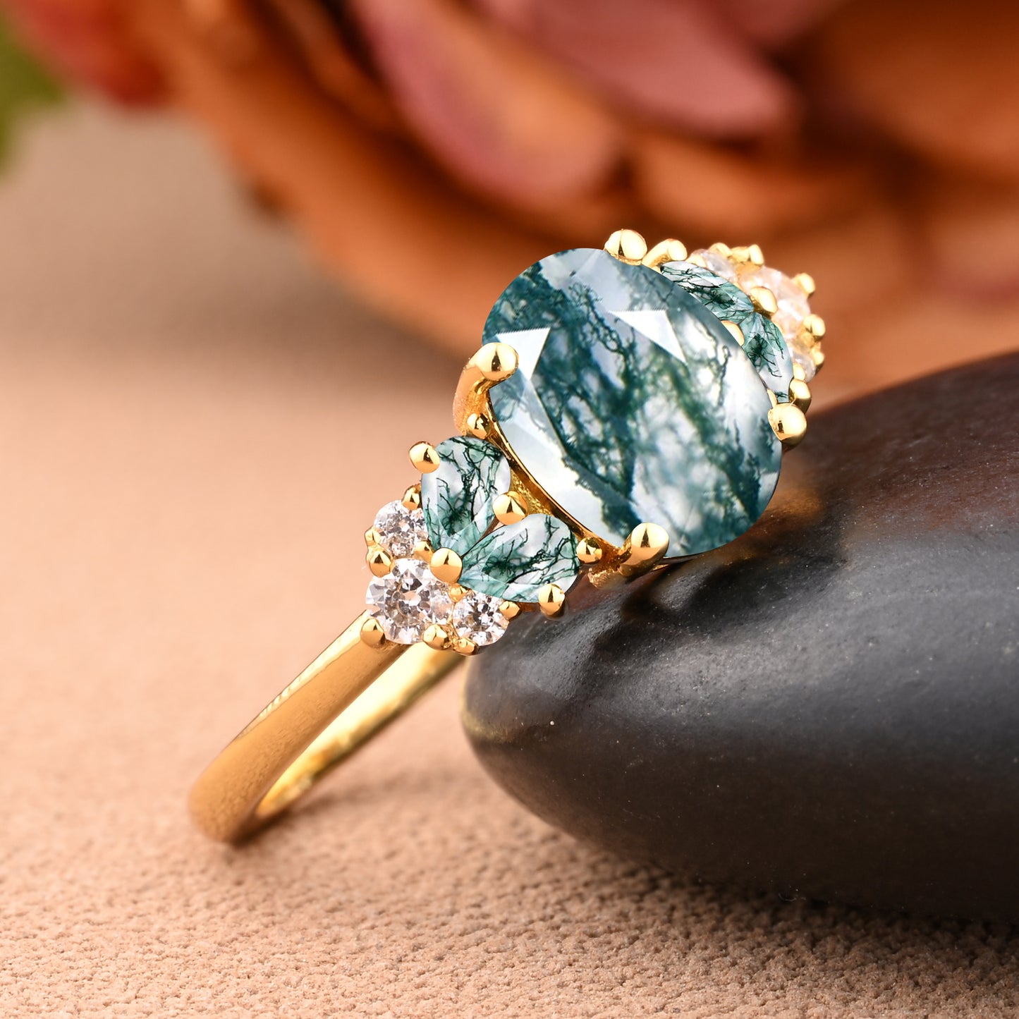 Vintage Oval Moss Agate Engagement Ring Set Unique Moss Agate Sidestones Oval Moissanite Deco Gemstone Promise Ring Set