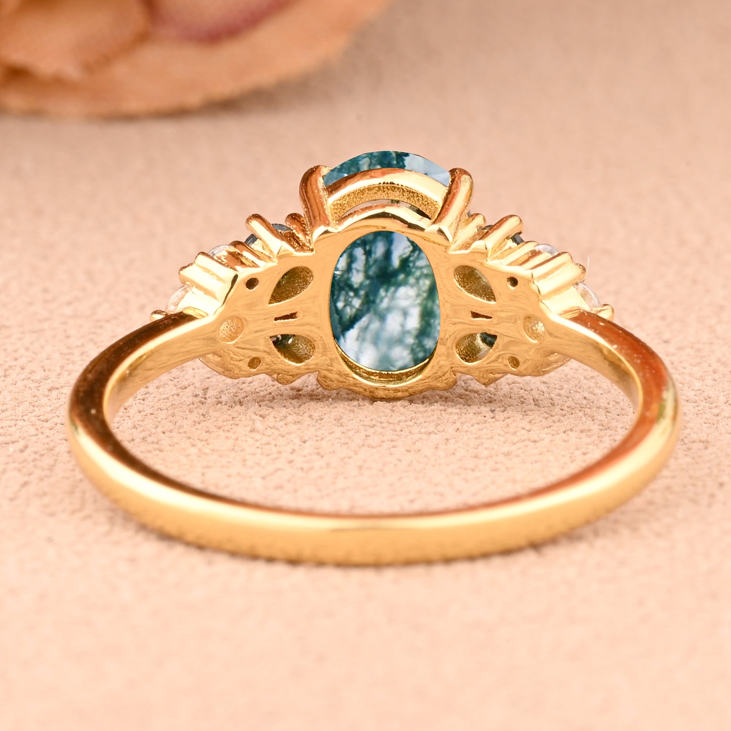 Vintage Oval Moss Agate Engagement Ring Set Unique Moss Agate Sidestones Oval Moissanite Deco Gemstone Promise Ring Set